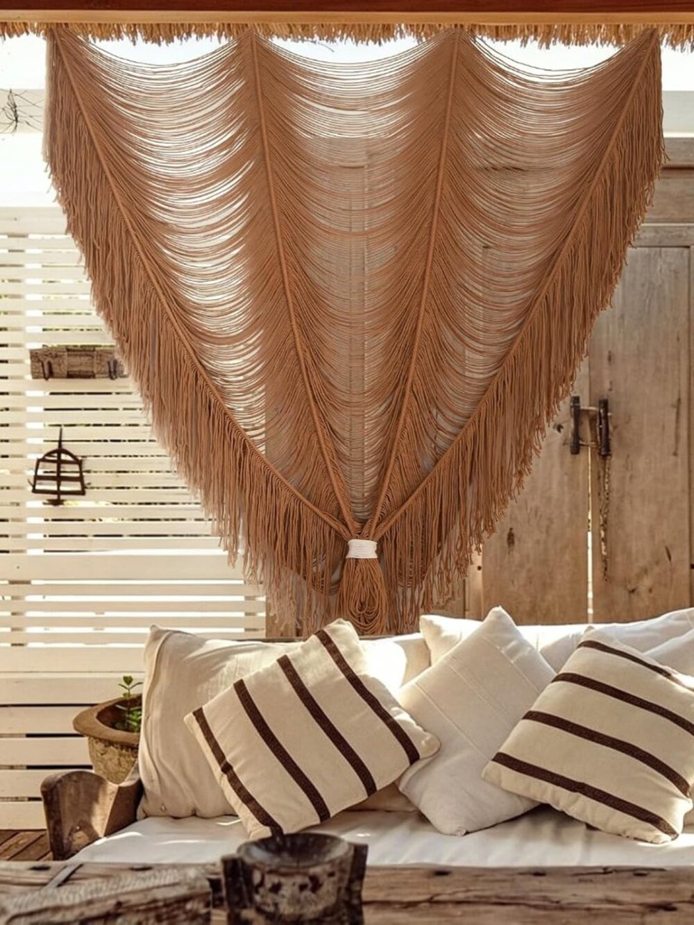 Macrame Curtain Boho Handmade Fiber Art Khaki Window Decor Yarn 59" W*75" L